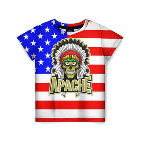 Детская футболка 3D с принтом Индейцы Apache в Санкт-Петербурге, 100% гипоаллергенный полиэфир | прямой крой, круглый вырез горловины, длина до линии бедер, чуть спущенное плечо, ткань немного тянется | Тематика изображения на принте: apache | usa | америка | американец | индейцы | символика америки | сша