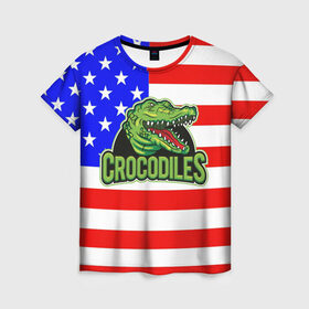 Женская футболка 3D с принтом Крокодил USA в Санкт-Петербурге, 100% полиэфир ( синтетическое хлопкоподобное полотно) | прямой крой, круглый вырез горловины, длина до линии бедер | usa | америка | американец | крокодил | символика америки | сша