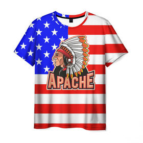 Мужская футболка 3D с принтом Apache в Санкт-Петербурге, 100% полиэфир | прямой крой, круглый вырез горловины, длина до линии бедер | Тематика изображения на принте: apache | usa | америка | американец | индейцы | символика америки | сша