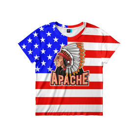 Детская футболка 3D с принтом Apache в Санкт-Петербурге, 100% гипоаллергенный полиэфир | прямой крой, круглый вырез горловины, длина до линии бедер, чуть спущенное плечо, ткань немного тянется | Тематика изображения на принте: apache | usa | америка | американец | индейцы | символика америки | сша