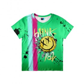 Детская футболка 3D с принтом Blink 182 в Санкт-Петербурге, 100% гипоаллергенный полиэфир | прямой крой, круглый вырез горловины, длина до линии бедер, чуть спущенное плечо, ткань немного тянется | Тематика изображения на принте: blink | альтернативный рок | блинк | зеленый | линии | марк хоппус | музыка | мэтт скиба | панк | панк рок | песни | полосы | поп панк | рок | скейт панк | смайл | трэвис баркер