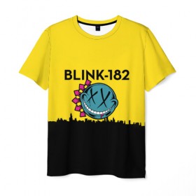 Мужская футболка 3D с принтом Blink-182 город в Санкт-Петербурге, 100% полиэфир | прямой крой, круглый вырез горловины, длина до линии бедер | blink | альтернативный рок | блинк | город | желтый | марк хоппус | музыка | мэтт скиба | панк | панк рок | песни | поп панк | рок | скейт панк | смайл | солнце | трэвис баркер
