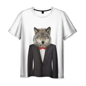 Мужская футболка 3D с принтом Волк в Санкт-Петербурге, 100% полиэфир | прямой крой, круглый вырез горловины, длина до линии бедер | бабочка | волк | животные | костюм | природа | смокинг | собака