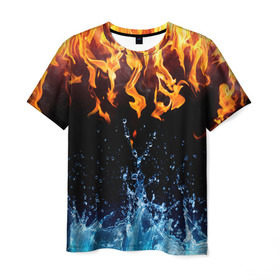 Мужская футболка 3D с принтом Две стихии в Санкт-Петербурге, 100% полиэфир | прямой крой, круглый вырез горловины, длина до линии бедер | Тематика изображения на принте: cold | fire | ice | вода water | лёд | огонь | пламя | стихиz | холод