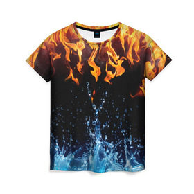 Женская футболка 3D с принтом Две стихии в Санкт-Петербурге, 100% полиэфир ( синтетическое хлопкоподобное полотно) | прямой крой, круглый вырез горловины, длина до линии бедер | cold | fire | ice | вода water | лёд | огонь | пламя | стихиz | холод