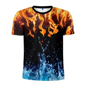 Мужская футболка 3D спортивная с принтом Две стихии в Санкт-Петербурге, 100% полиэстер с улучшенными характеристиками | приталенный силуэт, круглая горловина, широкие плечи, сужается к линии бедра | cold | fire | ice | вода water | лёд | огонь | пламя | стихиz | холод
