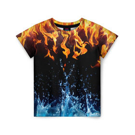 Детская футболка 3D с принтом Две стихии в Санкт-Петербурге, 100% гипоаллергенный полиэфир | прямой крой, круглый вырез горловины, длина до линии бедер, чуть спущенное плечо, ткань немного тянется | cold | fire | ice | вода water | лёд | огонь | пламя | стихиz | холод