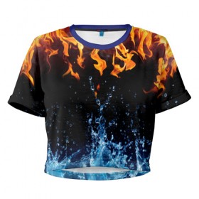 Женская футболка 3D укороченная с принтом Две стихии в Санкт-Петербурге, 100% полиэстер | круглая горловина, длина футболки до линии талии, рукава с отворотами | cold | fire | ice | вода water | лёд | огонь | пламя | стихиz | холод