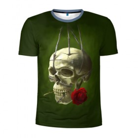 Мужская футболка 3D спортивная с принтом Череп и роза в Санкт-Петербурге, 100% полиэстер с улучшенными характеристиками | приталенный силуэт, круглая горловина, широкие плечи, сужается к линии бедра | кости | роза | скелет | хэллоуин | цветок | цветы | череп