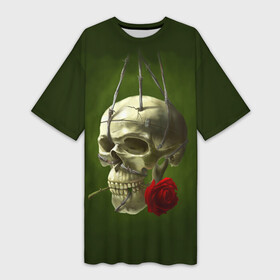 Платье-футболка 3D с принтом Череп и роза в Санкт-Петербурге,  |  | кости | роза | скелет | хэллоуин | цветок | цветы | череп