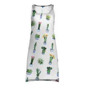 Платье-майка 3D с принтом Кактусы в Санкт-Петербурге, 100% полиэстер | полуприлегающий силуэт, широкие бретели, круглый вырез горловины, удлиненный подол сзади. | горшок | зеленый | кактус | принт | растение | флора | цветы