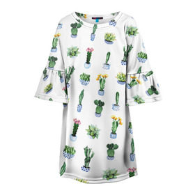 Детское платье 3D с принтом Кактусы в Санкт-Петербурге, 100% полиэстер | прямой силуэт, чуть расширенный к низу. Круглая горловина, на рукавах — воланы | горшок | зеленый | кактус | принт | растение | флора | цветы