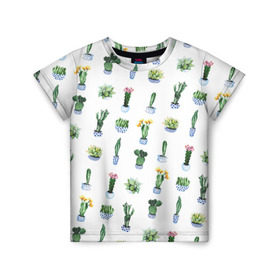 Детская футболка 3D с принтом Кактусы в Санкт-Петербурге, 100% гипоаллергенный полиэфир | прямой крой, круглый вырез горловины, длина до линии бедер, чуть спущенное плечо, ткань немного тянется | горшок | зеленый | кактус | принт | растение | флора | цветы