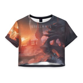 Женская футболка 3D укороченная с принтом Stellaris в Санкт-Петербурге, 100% полиэстер | круглая горловина, длина футболки до линии талии, рукава с отворотами | stellaris