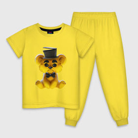 Детская пижама хлопок с принтом Golden Freddy в Санкт-Петербурге, 100% хлопок |  брюки и футболка прямого кроя, без карманов, на брюках мягкая резинка на поясе и по низу штанин
 | Тематика изображения на принте: five nights at freddys | golden freddy | золотой фредди | медведь | мишка