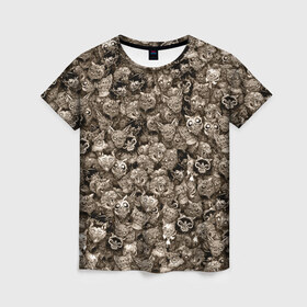 Женская футболка 3D с принтом Зомби котики в Санкт-Петербурге, 100% полиэфир ( синтетическое хлопкоподобное полотно) | прямой крой, круглый вырез горловины, длина до линии бедер | дохлый | животные | кот | коты | кошка | кошки | мертвый | паттерн | сепия | текстура | хеллоуин