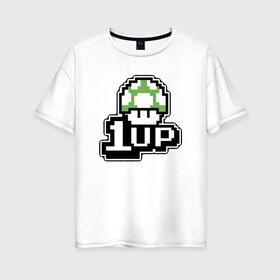 Женская футболка хлопок Oversize с принтом Mario 1up в Санкт-Петербурге, 100% хлопок | свободный крой, круглый ворот, спущенный рукав, длина до линии бедер
 | dandy | mario | гриб | денди | жизнь | марио | мухомор