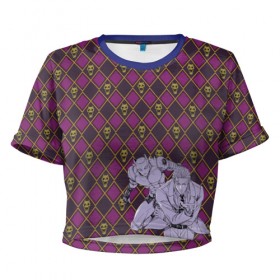 Женская футболка 3D укороченная с принтом Killer Queen x Kira Yoshikage в Санкт-Петербурге, 100% полиэстер | круглая горловина, длина футболки до линии талии, рукава с отворотами | jojo | killer queen | kira yoshikage