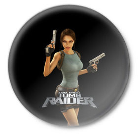 Значок с принтом TOMB RAIDER в Санкт-Петербурге,  металл | круглая форма, металлическая застежка в виде булавки | game | girl | gun | lara croft | tomb raider | девушка | игра | оружие | пистолет