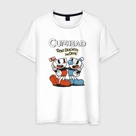 Мужская футболка хлопок с принтом Cuphead Mugman в Санкт-Петербурге, 100% хлопок | прямой крой, круглый вырез горловины, длина до линии бедер, слегка спущенное плечо. | cuphead | game | games