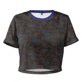 Женская футболка 3D укороченная с принтом Горный камуфляж в Санкт-Петербурге, 100% полиэстер | круглая горловина, длина футболки до линии талии, рукава с отворотами | военный | коричневый | пятна | серый