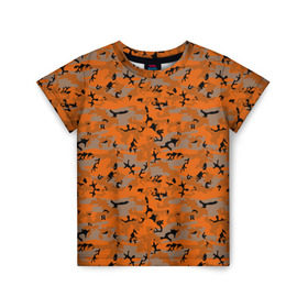 Детская футболка 3D с принтом Осенний камуфляж в Санкт-Петербурге, 100% гипоаллергенный полиэфир | прямой крой, круглый вырез горловины, длина до линии бедер, чуть спущенное плечо, ткань немного тянется | военный | оронжевый | серый | черный