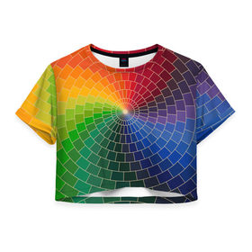 Женская футболка 3D укороченная с принтом Спираль цветов в Санкт-Петербурге, 100% полиэстер | круглая горловина, длина футболки до линии талии, рукава с отворотами | 