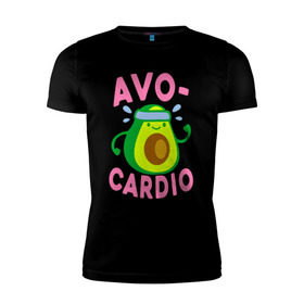 Мужская футболка премиум с принтом Avo-Cardio в Санкт-Петербурге, 92% хлопок, 8% лайкра | приталенный силуэт, круглый вырез ворота, длина до линии бедра, короткий рукав | Тематика изображения на принте: авокадо | еда | кардио | спорт