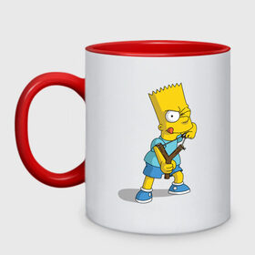 Кружка двухцветная с принтом Bart Simpson в Санкт-Петербурге, керамика | объем — 330 мл, диаметр — 80 мм. Цветная ручка и кайма сверху, в некоторых цветах — вся внутренняя часть | барт | разбойник | рогатка. | симпсоны