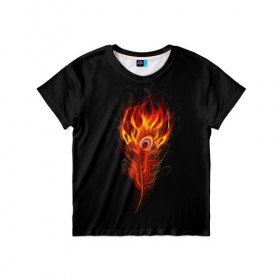 Детская футболка 3D с принтом Огненное перо в Санкт-Петербурге, 100% гипоаллергенный полиэфир | прямой крой, круглый вырез горловины, длина до линии бедер, чуть спущенное плечо, ткань немного тянется | fire | flame | in fire | smoke | в огне | дым | огненное перо | огненный | огонь