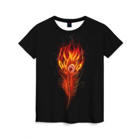Женская футболка 3D с принтом Огненное перо в Санкт-Петербурге, 100% полиэфир ( синтетическое хлопкоподобное полотно) | прямой крой, круглый вырез горловины, длина до линии бедер | fire | flame | in fire | smoke | в огне | дым | огненное перо | огненный | огонь