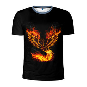Мужская футболка 3D спортивная с принтом Феникс в Санкт-Петербурге, 100% полиэстер с улучшенными характеристиками | приталенный силуэт, круглая горловина, широкие плечи, сужается к линии бедра | Тематика изображения на принте: fire | flame | in fire | smoke | в огне | дым | огненный | огонь