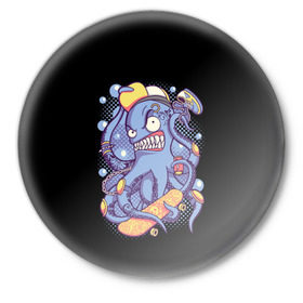 Значок с принтом Octopus Skater в Санкт-Петербурге,  металл | круглая форма, металлическая застежка в виде булавки | Тематика изображения на принте: octopus skater | осьминог | скейт | спорт