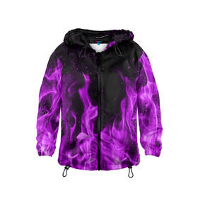 Детская ветровка 3D с принтом Фиолетовый огонь в Санкт-Петербурге, 100% полиэстер | подол и капюшон оформлены резинкой с фиксаторами, по бокам два кармана без застежек, один потайной карман на груди | лиловый | пламя | яркий