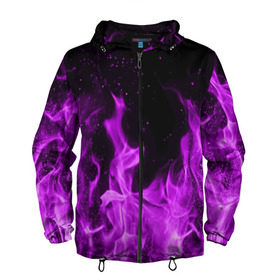 Мужская ветровка 3D с принтом Фиолетовый огонь в Санкт-Петербурге, 100% полиэстер | подол и капюшон оформлены резинкой с фиксаторами, два кармана без застежек по бокам, один потайной карман на груди | лиловый | пламя | яркий