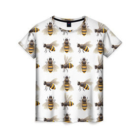 Женская футболка 3D с принтом Пчелы в Санкт-Петербурге, 100% полиэфир ( синтетическое хлопкоподобное полотно) | прямой крой, круглый вырез горловины, длина до линии бедер | белый | желтый | крылья | мед | черный