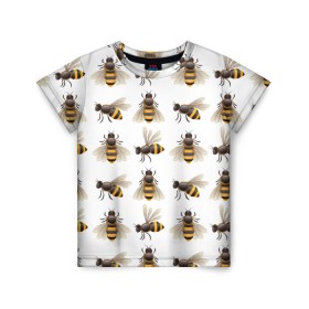 Детская футболка 3D с принтом Пчелы в Санкт-Петербурге, 100% гипоаллергенный полиэфир | прямой крой, круглый вырез горловины, длина до линии бедер, чуть спущенное плечо, ткань немного тянется | белый | желтый | крылья | мед | черный