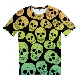 Мужская футболка 3D с принтом Веселый хэллоуин в Санкт-Петербурге, 100% полиэфир | прямой крой, круглый вырез горловины, длина до линии бедер | Тематика изображения на принте: зеленый | кости | цвет | череп | черный