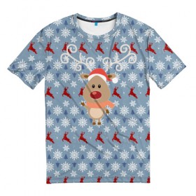 Мужская футболка 3D с принтом Олень в Санкт-Петербурге, 100% полиэфир | прямой крой, круглый вырез горловины, длина до линии бедер | дед мороз | зима | новый год | олень | праздник | рождество | снег | снежинки