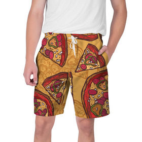 Мужские шорты 3D с принтом Пицца в Санкт-Петербурге,  полиэстер 100% | прямой крой, два кармана без застежек по бокам. Мягкая трикотажная резинка на поясе, внутри которой широкие завязки. Длина чуть выше колен | pattern | pizza | еда | пицца | узор