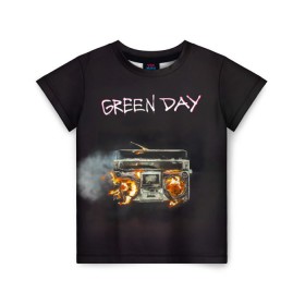 Детская футболка 3D с принтом Green Day магнитофон в огне в Санкт-Петербурге, 100% гипоаллергенный полиэфир | прямой крой, круглый вырез горловины, длина до линии бедер, чуть спущенное плечо, ткань немного тянется | american idiot | green day | альтернативный | билли джо армстронг | грин дей | группа | зелёный день | майк дёрнт | музыка | панк | поп | поппанк | рок | тре кул