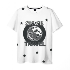 Мужская футболка 3D с принтом Space travel в Санкт-Петербурге, 100% полиэфир | прямой крой, круглый вырез горловины, длина до линии бедер | Тематика изображения на принте: белый | звезды | космос | планета | черный
