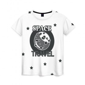 Женская футболка 3D с принтом Space travel в Санкт-Петербурге, 100% полиэфир ( синтетическое хлопкоподобное полотно) | прямой крой, круглый вырез горловины, длина до линии бедер | белый | звезды | космос | планета | черный