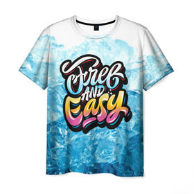 Мужская футболка 3D с принтом Free and Easy в Санкт-Петербурге, 100% полиэфир | прямой крой, круглый вырез горловины, длина до линии бедер | beach | miami | граффити | желтый | закат | краски | лед | майами | надписи | панама | пляж | розовый | солнце | фламинго | яркие