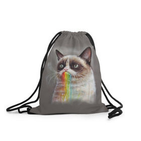 Рюкзак-мешок 3D с принтом Grumpy Cat в Санкт-Петербурге, 100% полиэстер | плотность ткани — 200 г/м2, размер — 35 х 45 см; лямки — толстые шнурки, застежка на шнуровке, без карманов и подкладки | animal | cat | grumpy cat | животное | кот | котенок | кошка | радуга