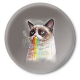 Значок с принтом Grumpy Cat в Санкт-Петербурге,  металл | круглая форма, металлическая застежка в виде булавки | Тематика изображения на принте: animal | cat | grumpy cat | животное | кот | котенок | кошка | радуга