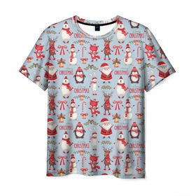 Мужская футболка 3D с принтом Рождественская Милота в Санкт-Петербурге, 100% полиэфир | прямой крой, круглый вырез горловины, длина до линии бедер | Тематика изображения на принте: дед мороз | заяц | колокольчик | лиса | лисичка | медведь | олень | омела | пингвин | санта клаус
