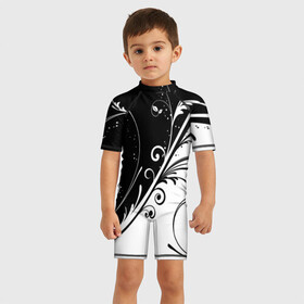 Детский купальный костюм 3D с принтом Цветочный узор Black & White в Санкт-Петербурге, Полиэстер 85%, Спандекс 15% | застежка на молнии на спине | абстракция | белый | инь янь | модные | прикольные картинки | природа | растения | тренды | узоры | цветы | черный