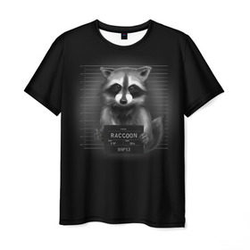 Мужская футболка 3D с принтом Енот Преступник в Санкт-Петербурге, 100% полиэфир | прямой крой, круглый вырез горловины, длина до линии бедер | raccoon | виновен | полоскун | стражи