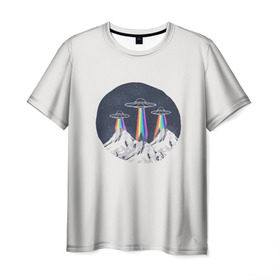 Мужская футболка 3D с принтом НЛО в Горах в Санкт-Петербурге, 100% полиэфир | прямой крой, круглый вырез горловины, длина до линии бедер | горы | елки | звезды | земля | инопланетяне | небо | ночь | радуга | снег | тарелка | эверест | эльбрус